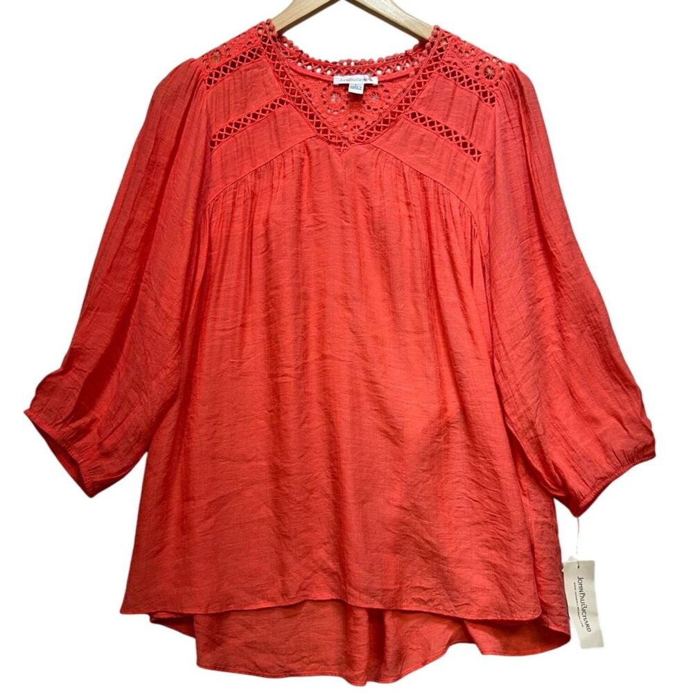 NWT John Paul Richard Peasant Blouse Large Coral Boho Casual Top Crochet Eyelet